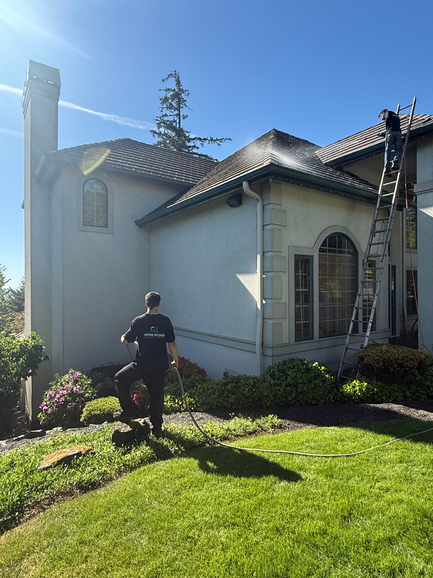 Moss Boss crew soft washing a roof in the Pacific Northwest